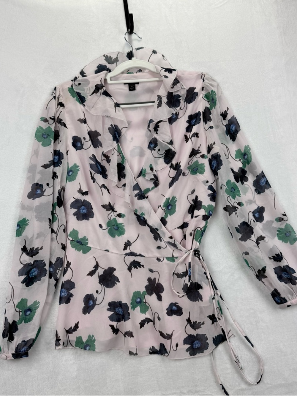 Ann Taylor Light Pink Feminine Ruffles Floral Wrap Blouse Spring Summer